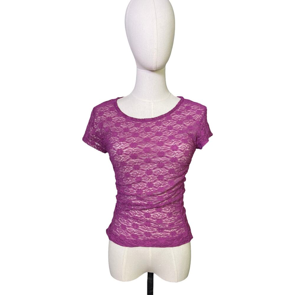 Free People Keep It Simple Lace Tee Small Purple Magenta Ruched Sheer Top